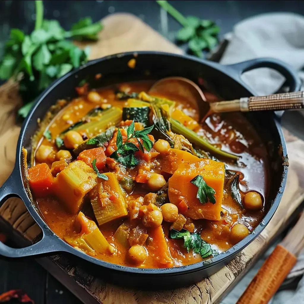 Assiette de légumes tendres, généreusement épicés et décorés de persil frais, servie dans une cocotte rustique.