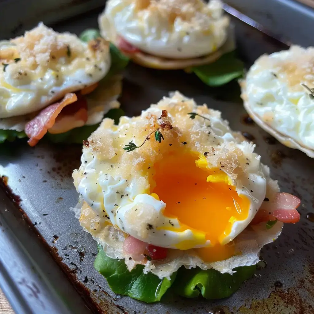 Œufs moelleux garnis de lardons et servis sur un gril avec salade et parmesan.