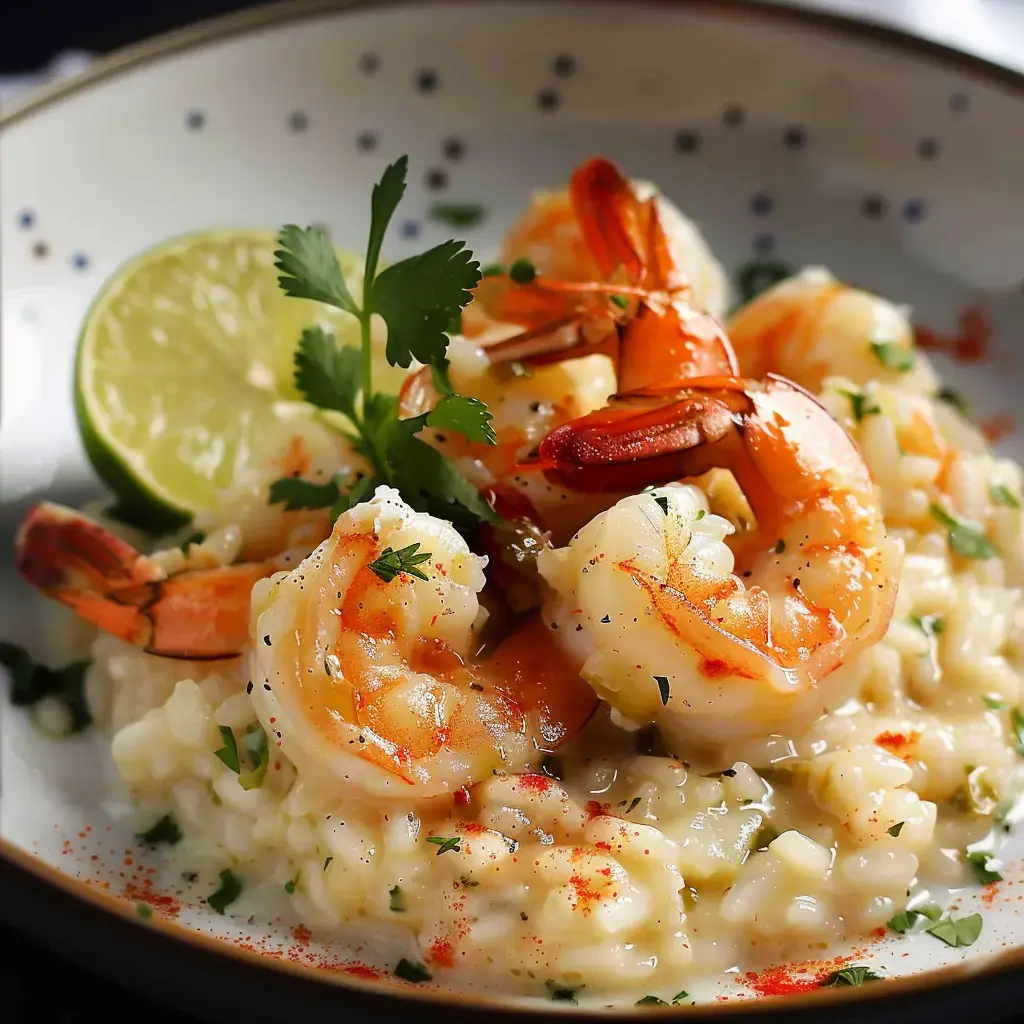 Assiette garnie de risotto, crevettes, citron vert et coriandre.