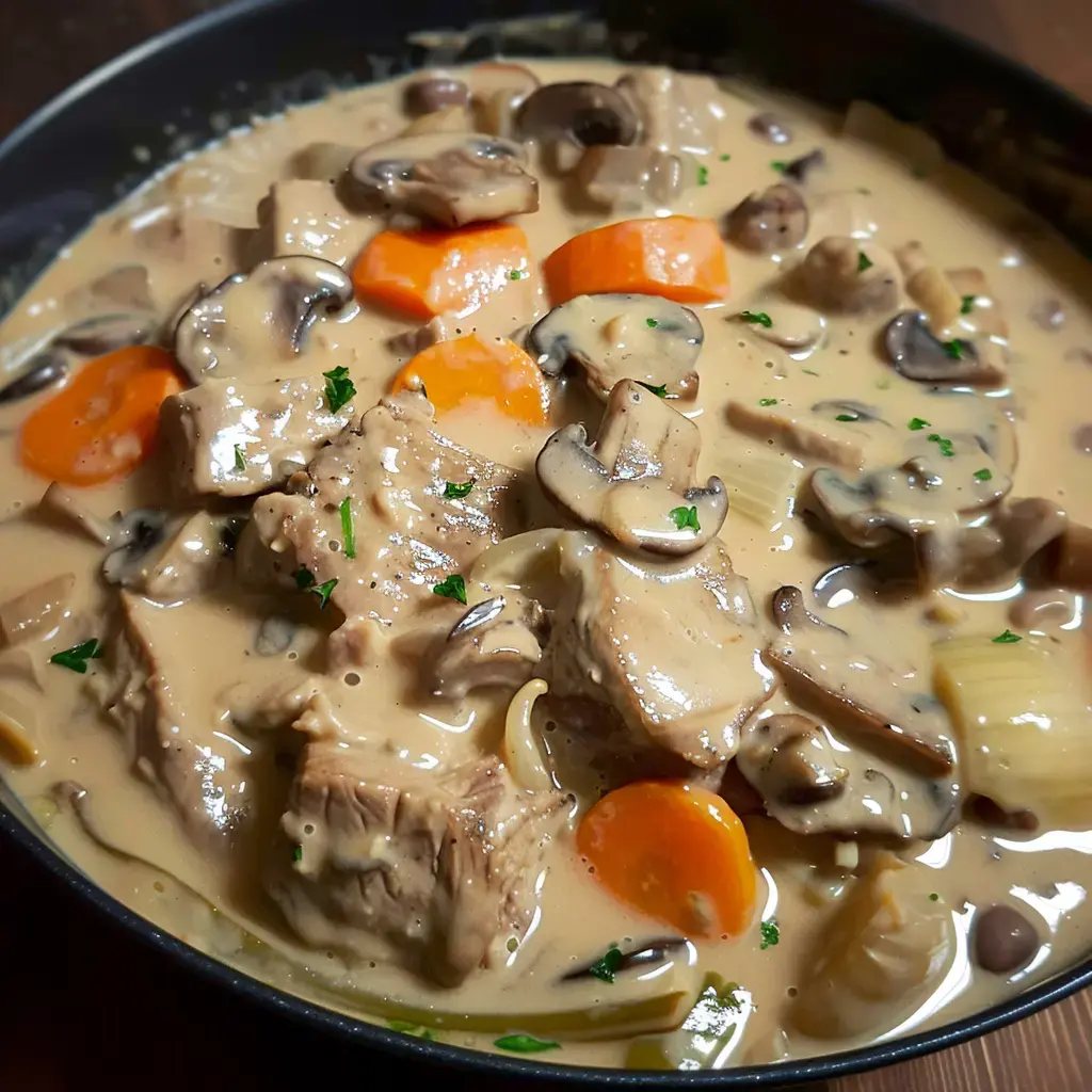 Un plat gourmand avec des morceaux de viande tendre, des carottes et des champignons dans une sauce crémeuse.