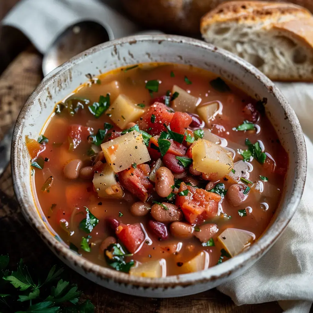 Une belle soupe colorée aux légumes, haricots et herbes, accompagnée de pain rustique sur une table.