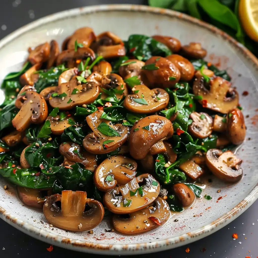 Des légumes sautés au persil et épices avec des champignons dorés et épinards.