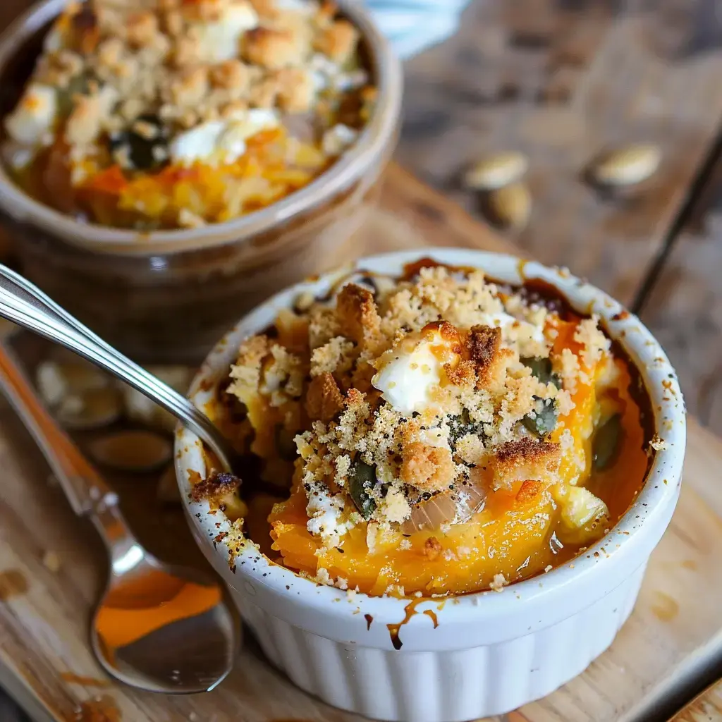 Petits plats de potimarron crèmeux recouverts d'un crumble doré, sur une planche rustique.