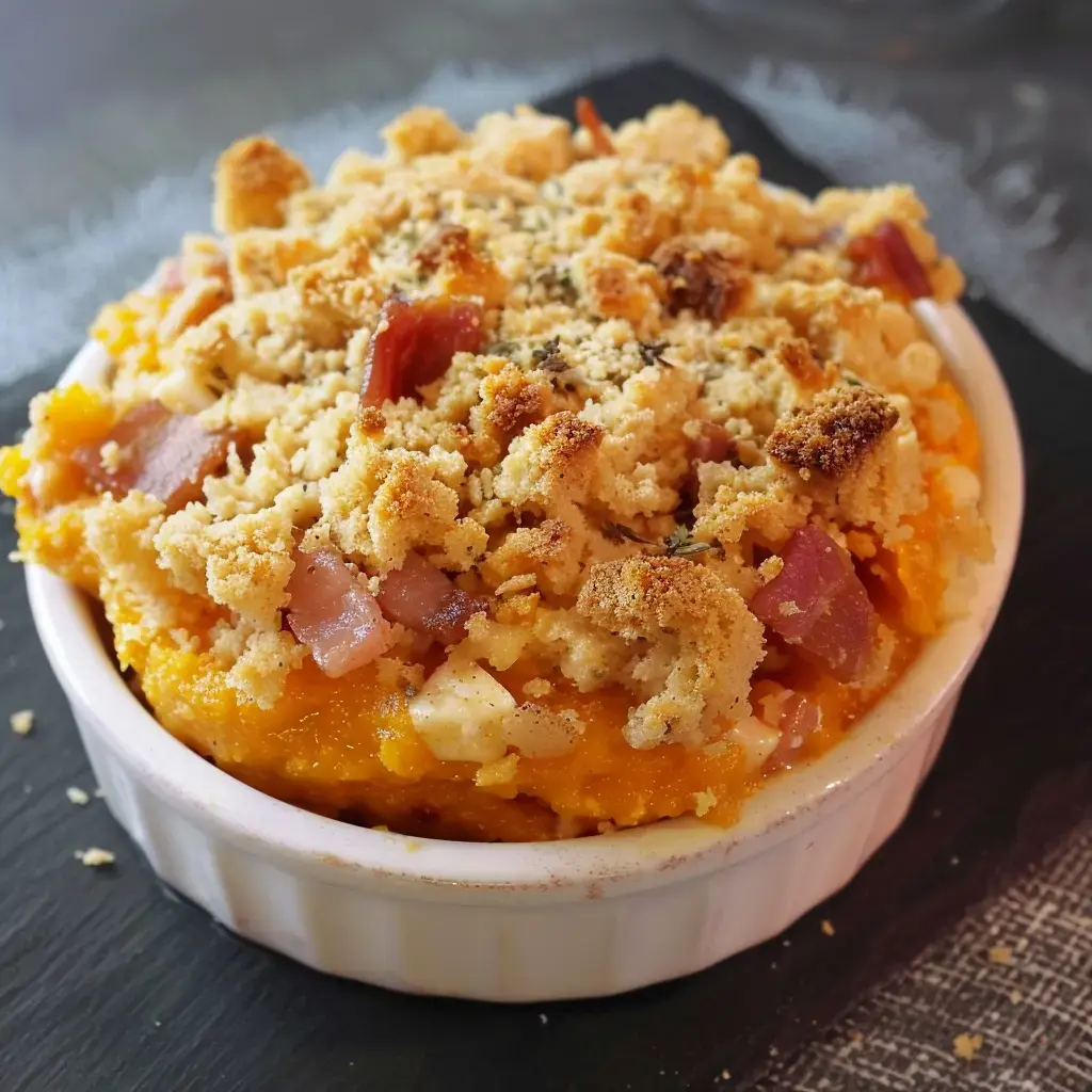 Une casserole de courge crémeuse et de bacon croquant, gratinée avec une épaisseur de chapelure dorée.