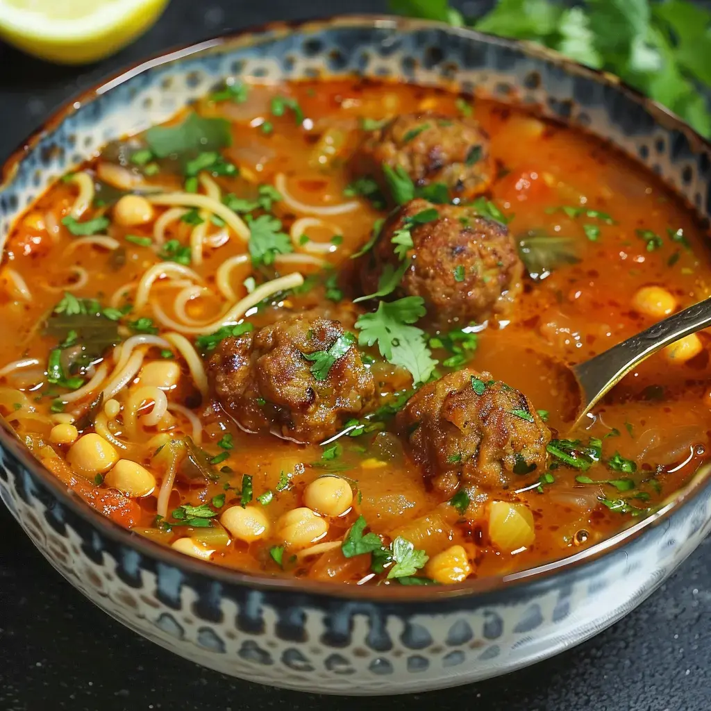 Bol savoureux de harira aux pois chiches, viande, pâtes et coriandre fraîche.