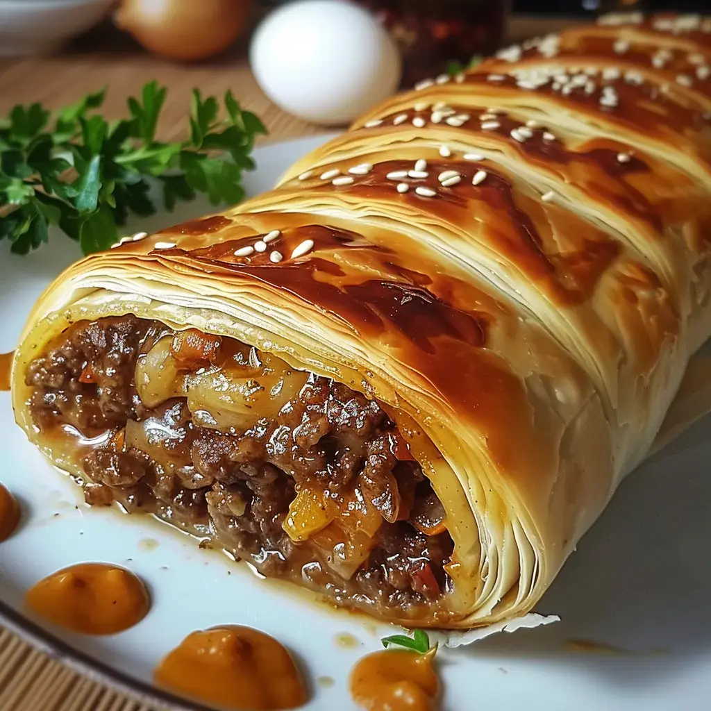 Pâte feuilletée croustillante, garnie de viande savoureuse et fromage fondant, servie avec graines de sésame et sauce.