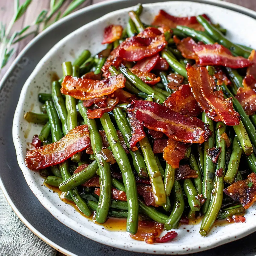 Haricots verts servis avec des morceaux de bacon croustillants.