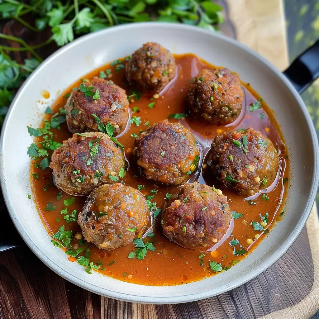Boulettes garnies d'herbes dans une sauce épicée.