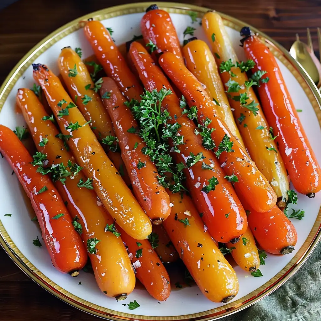 Des carottes rôties dorées avec du persil frais sur une assiette blanche.