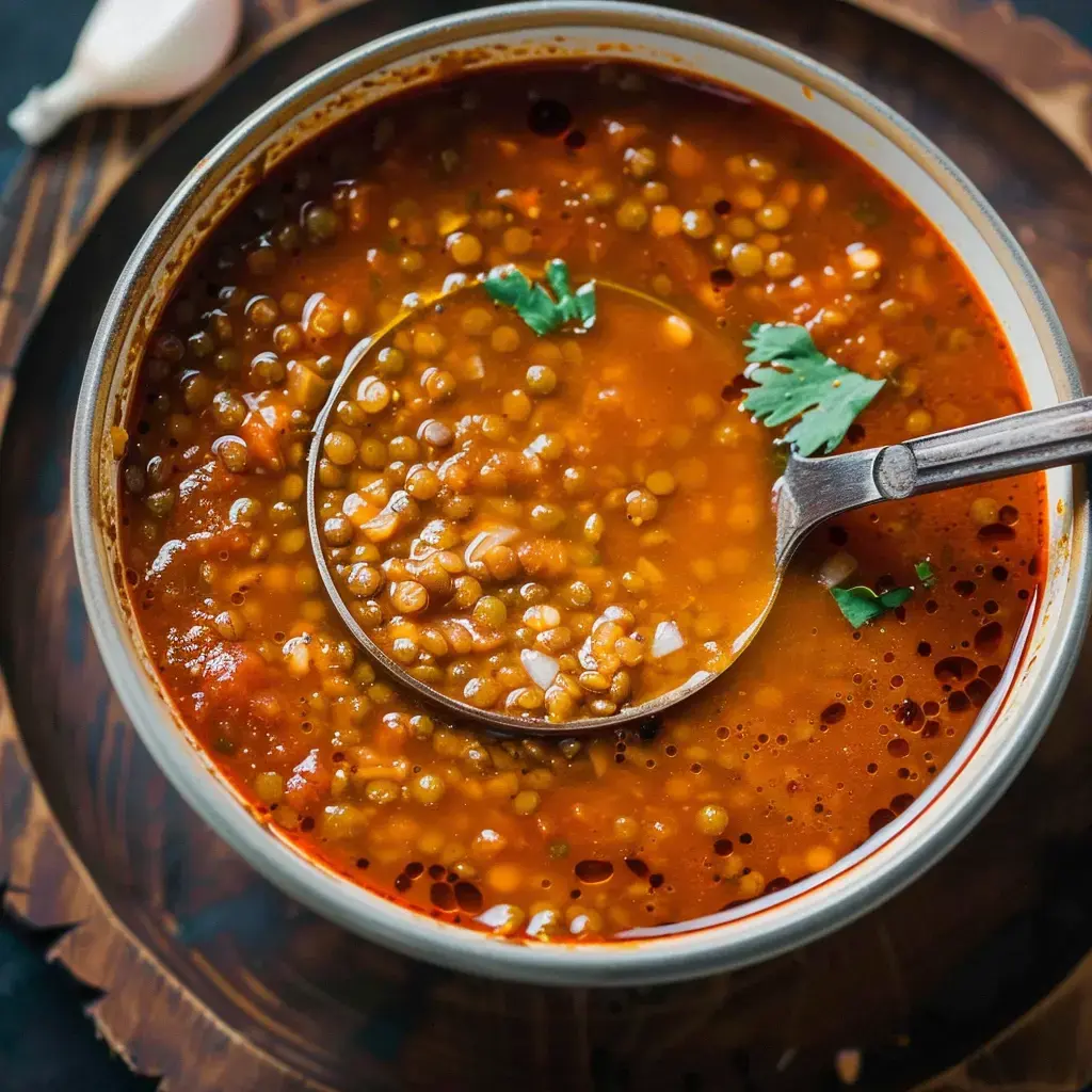 Un bol fumant de soupe de lentilles aux arômes épicés, garni de coriandre et accompagné d'une cuillère élégante.
