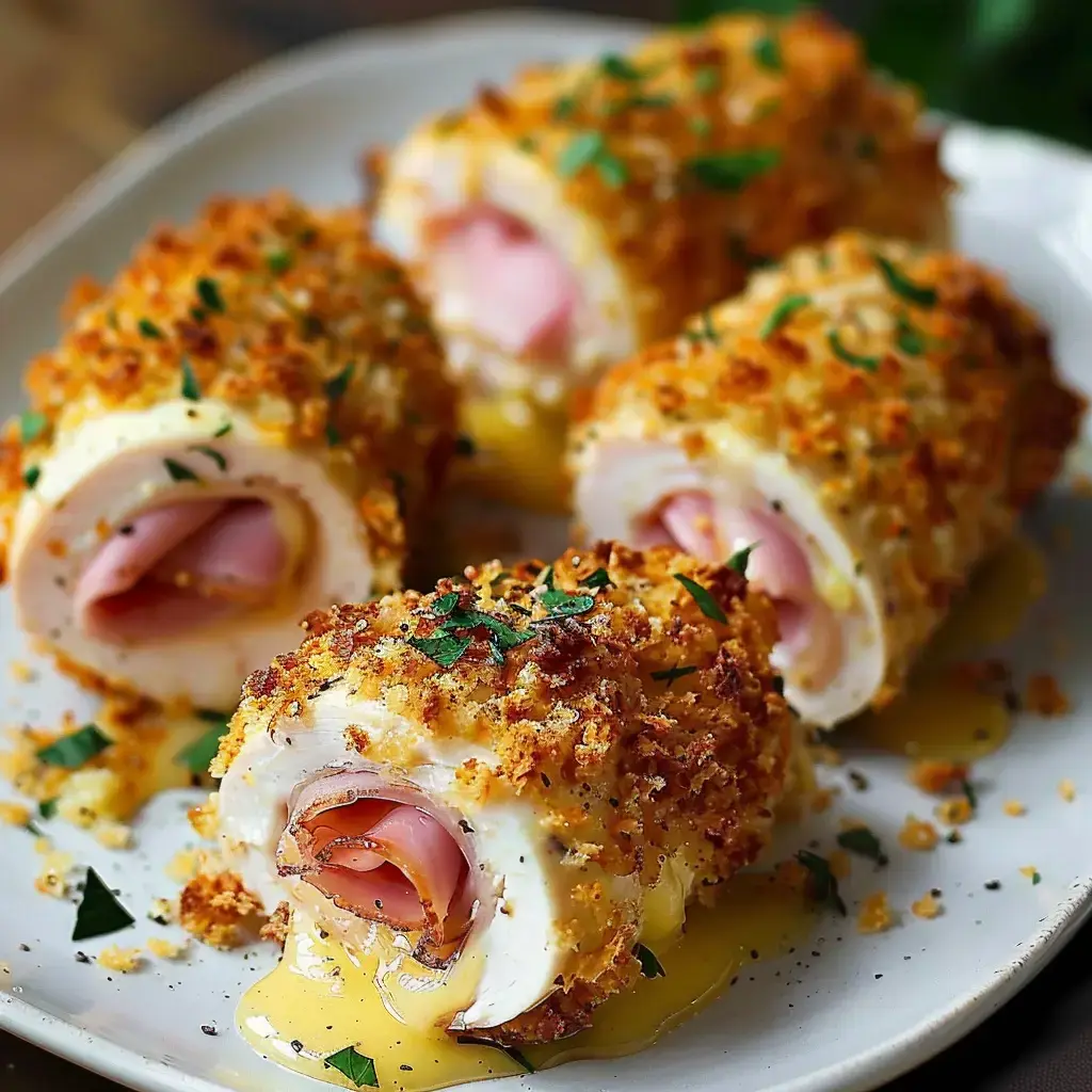Assiette avec quatre roulés dorés au fromage et jambon, servis avec une sauce.
