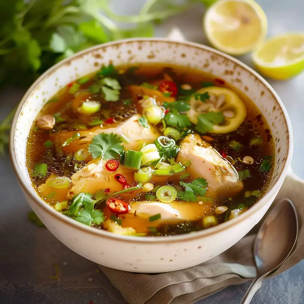 Bol de bouillon au poulet aromatisé, garni de coriandre, d'oignons verts et de piments, accompagné de quartiers de citron.