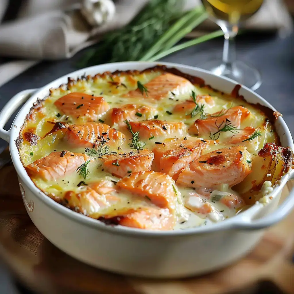 Plat au saumon gratiné, crème et herbes, présenté dans un plat céramique.