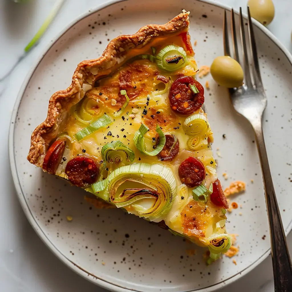 Part de tarte poireaux et chorizo servie sur une assiette avec une fourchette à côté.