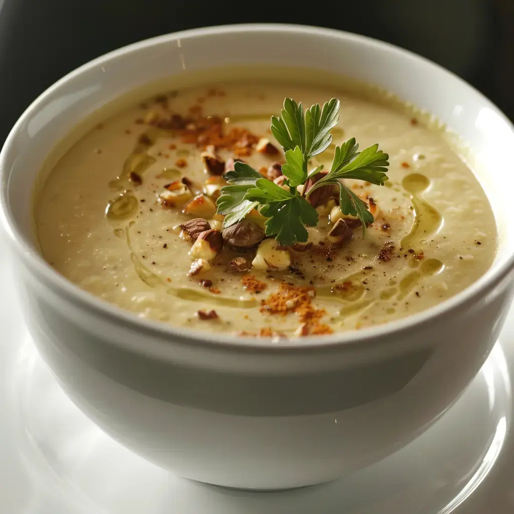 Bol de soupe chaude décoré de noix, huile d'olive, paprika et persil.