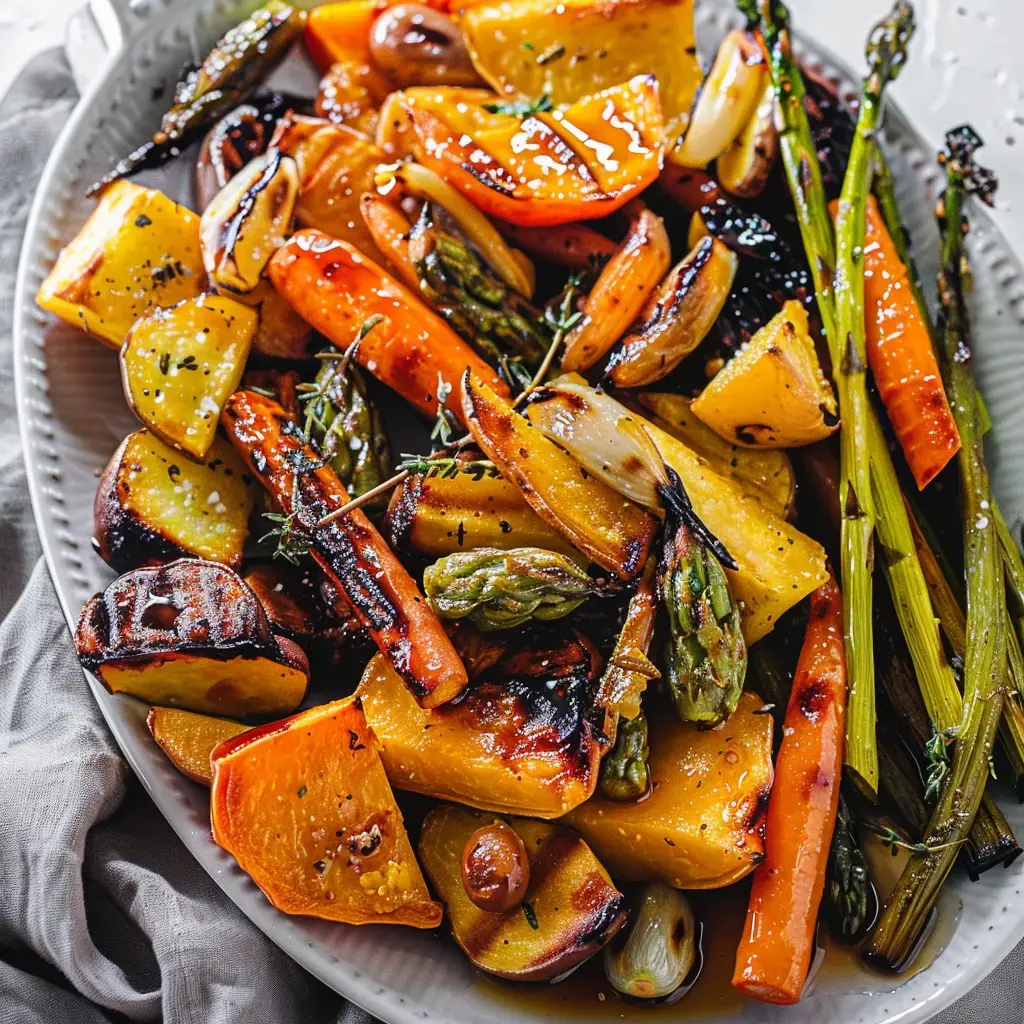 Un mélange appétissant de légumes rôtis comme courges, carottes et oignons accompagnés d'herbes et d'huile.