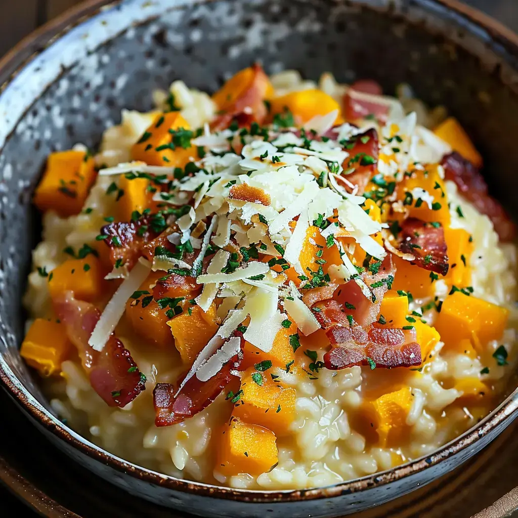 Bol rempli de risotto crémeux au potiron, bacon croustillant et fromage râpé.
