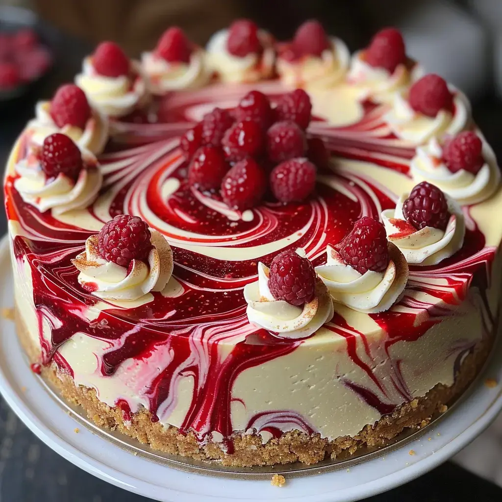 Un gâteau au fromage garni de framboises avec un filet rouge sur une base biscuitée dorée.