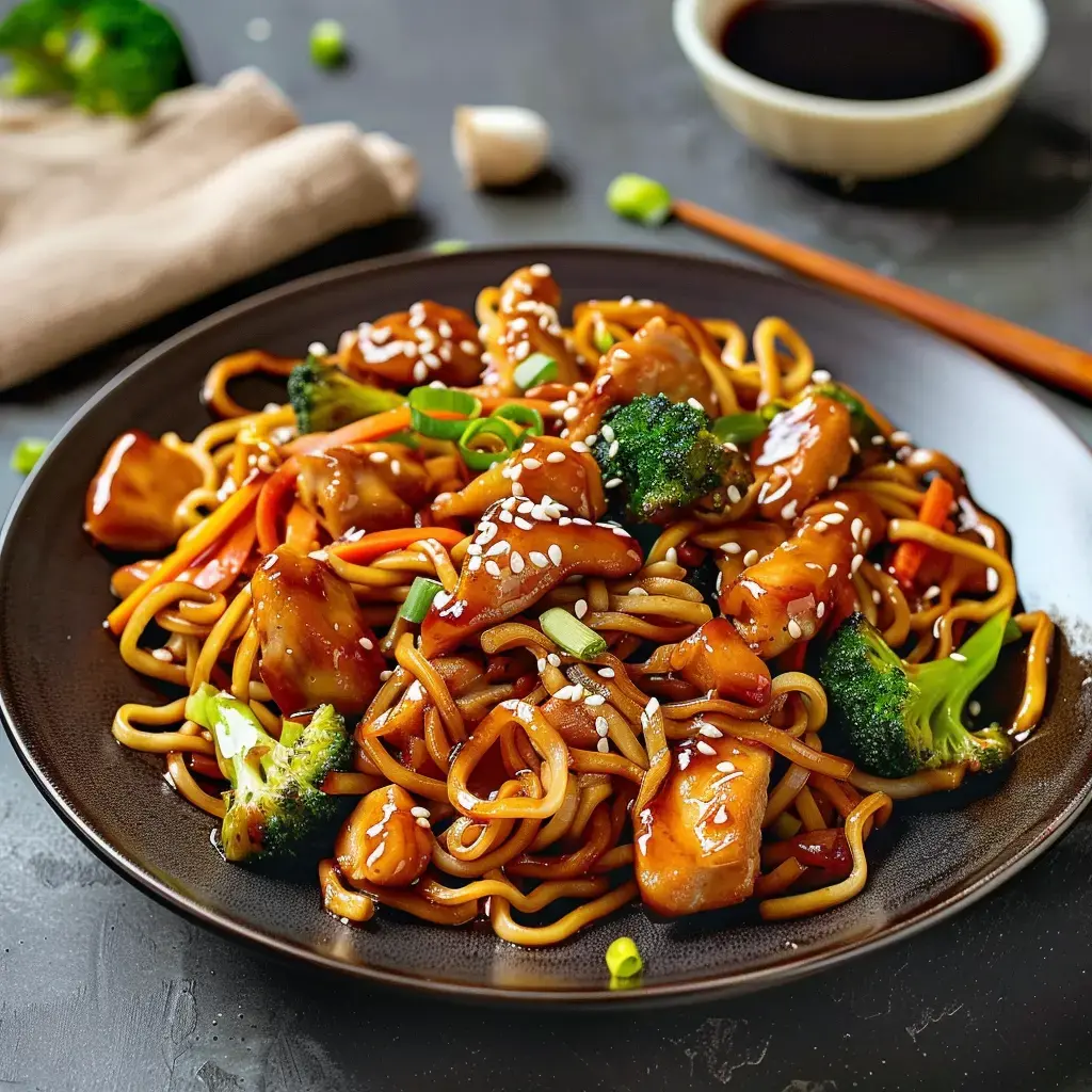 Un bol garni de nouilles nappées de sauce teriyaki, accompagnées de poulet tendre, de légumes croquants et d'une touche de sésame.