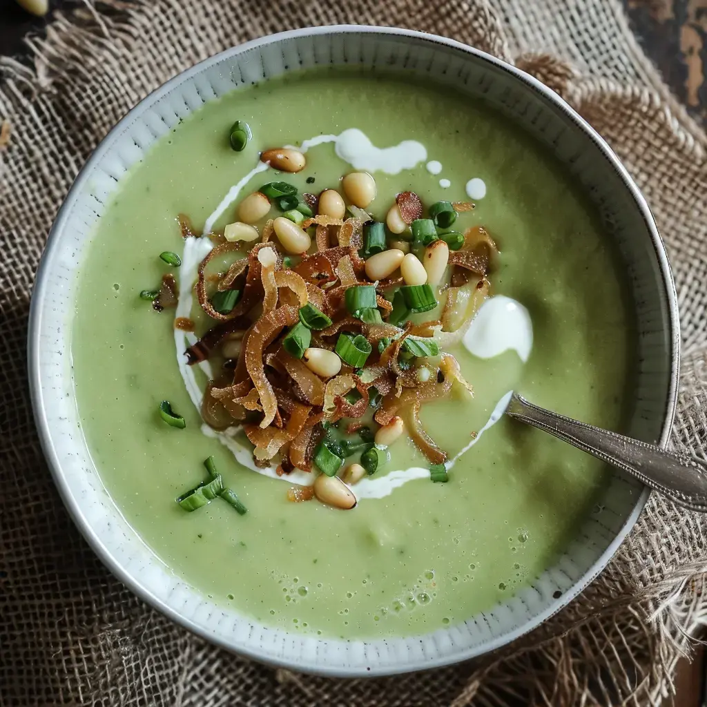 Une soupe verte accompagnée de ciboulette, de pignons croquants et d'oignons dorés, présentée dans un bol.