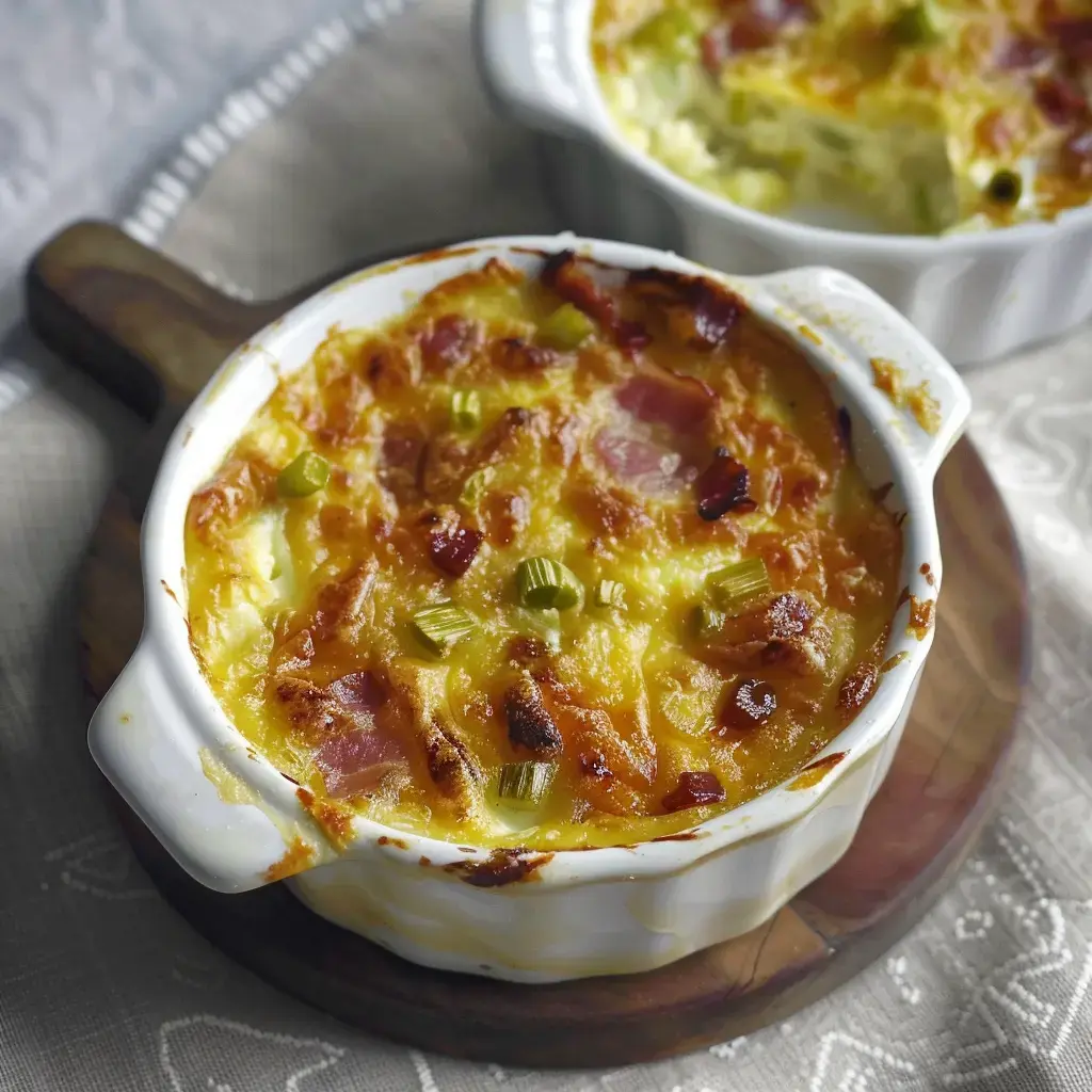 Ramequins de gratin doré avec poireaux et lardons, servis individuellement dans des plats blancs.