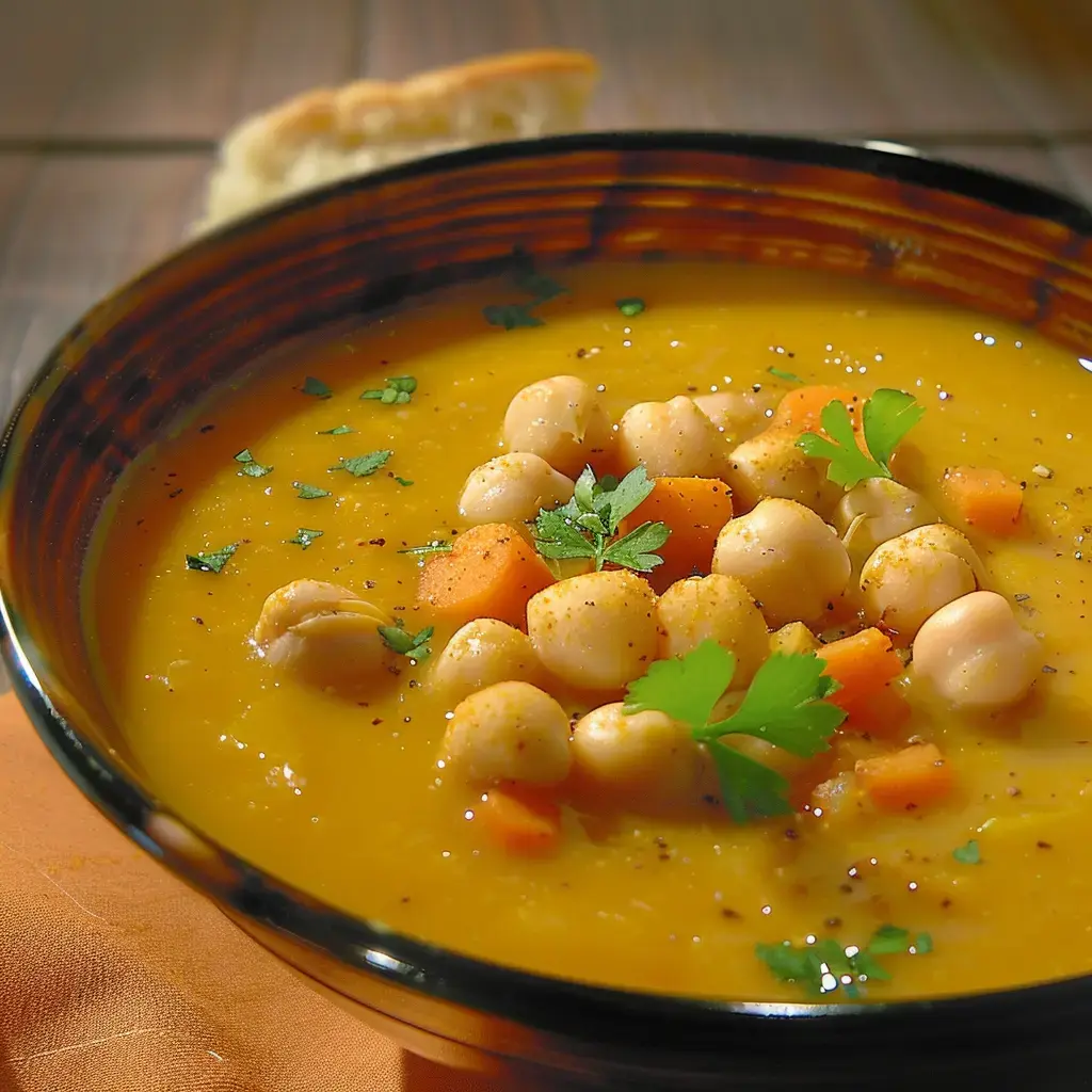 Un bol de velouté épicé avec pois chiches, carottes et une garniture de persil frais.