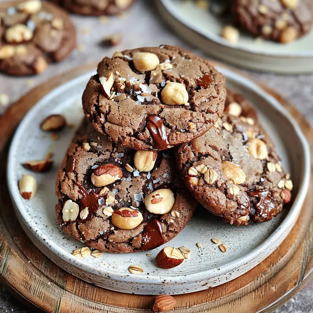 Biscuits gourmands au chocolat et morceaux de noix, joliment présentés sur une assiette.