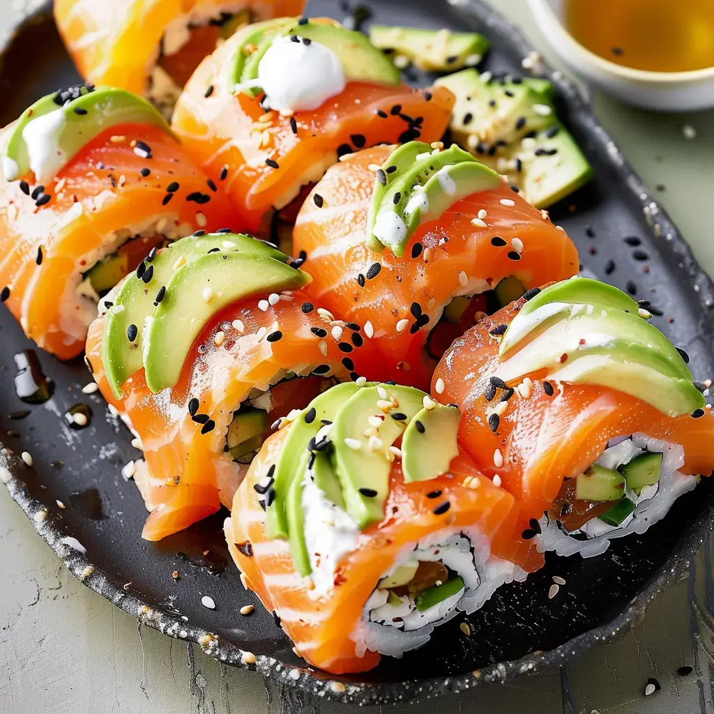 Des rouleaux de saumon garnis d'avocat et fromage, joliment disposés sur une assiette sombre, avec quelques graines et sauce d'accompagnement.