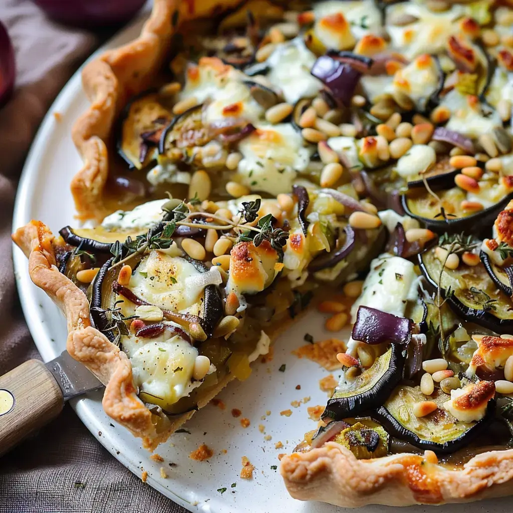 Un plat aux légumes fondants avec du fromage, des pignons croquants et une herbe en garniture, une part étant retirée.