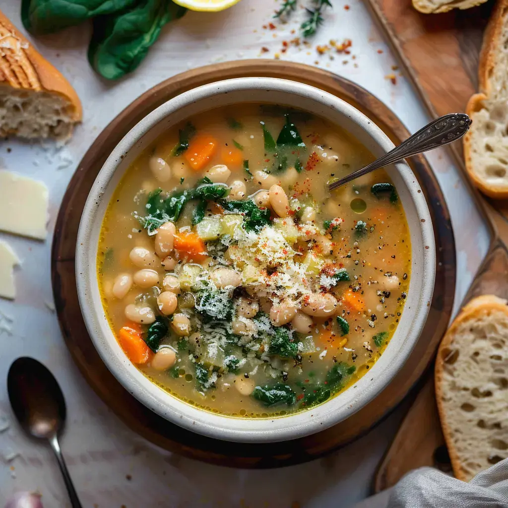 Bol de soupe aux haricots blancs, avec épinards et carottes, garni de fromage râpé et pain croustillant.