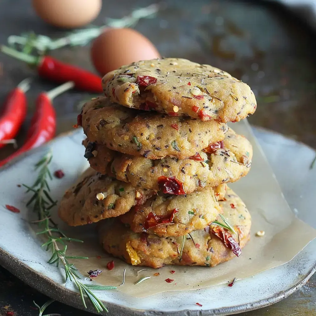 Cookies salés appétissants garnis de poivrons, herbes, et autres délices sur une jolie assiette.