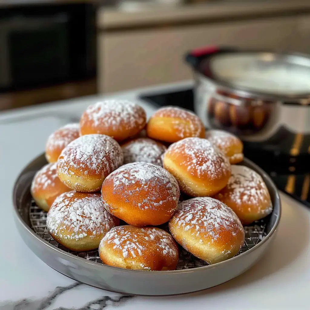 Des beignets moelleux saupoudrés de sucre glace sur une assiette, avec une marmite à l’arrière-plan.