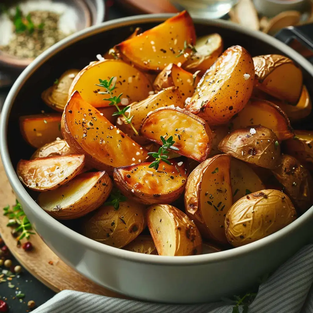 Assiette de pommes de terre dorées avec des épices et des herbes fraîches.