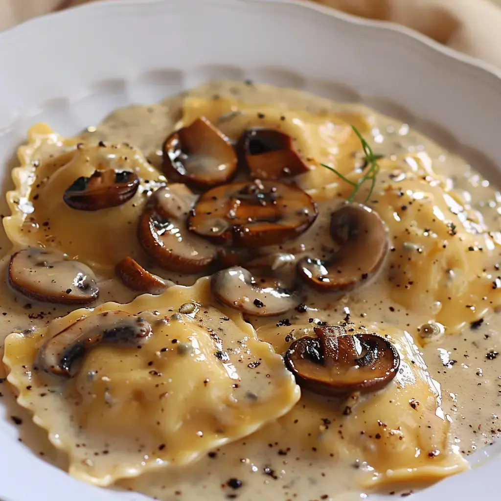Des pâtes au potiron nappées d'une sauce crémeuse et garnies de champignons dorés.
