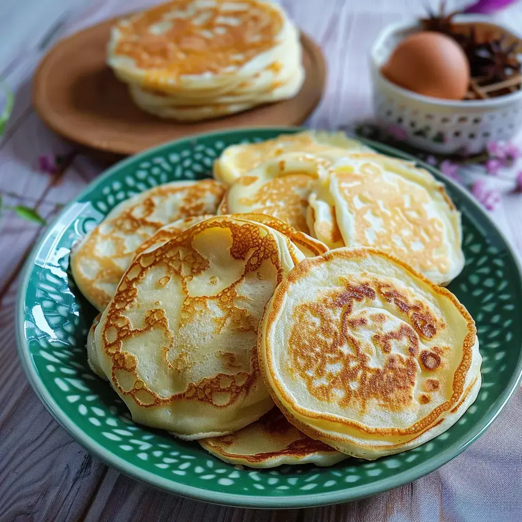 Des pancakes dorés servis sur une assiette, avec un œuf et quelques épices, posés sur une table en bois.