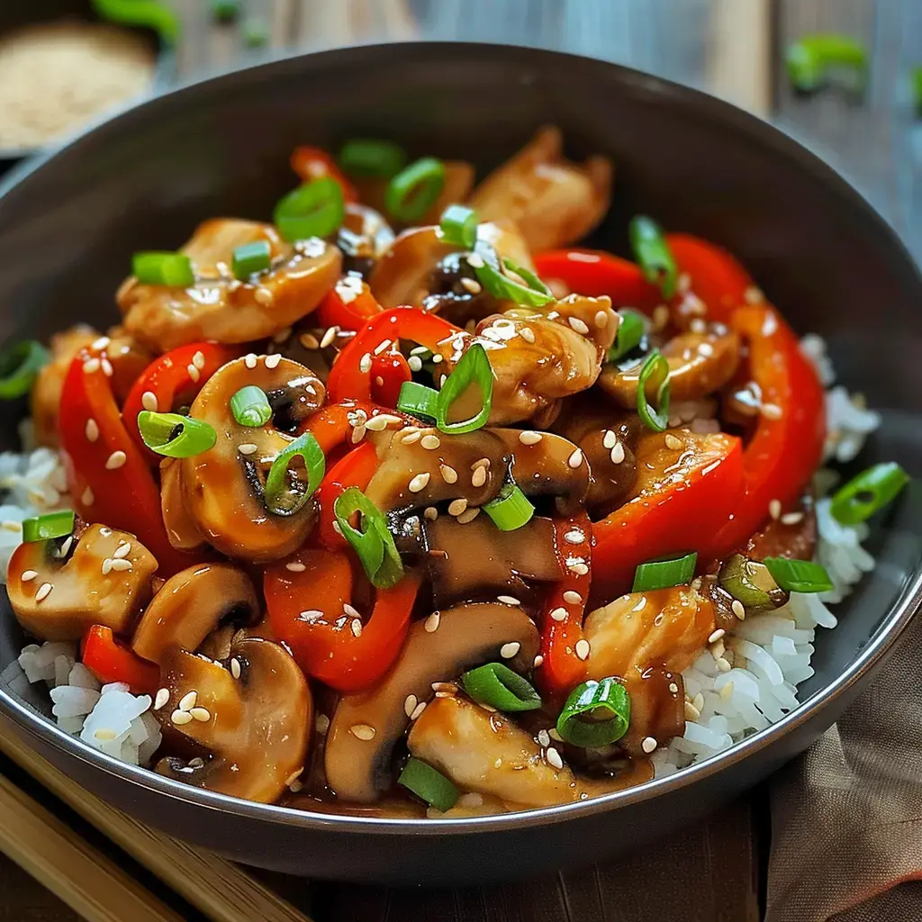 Un plat complet avec du riz, du poulet sauté, des légumes croquants et des graines de sésame.