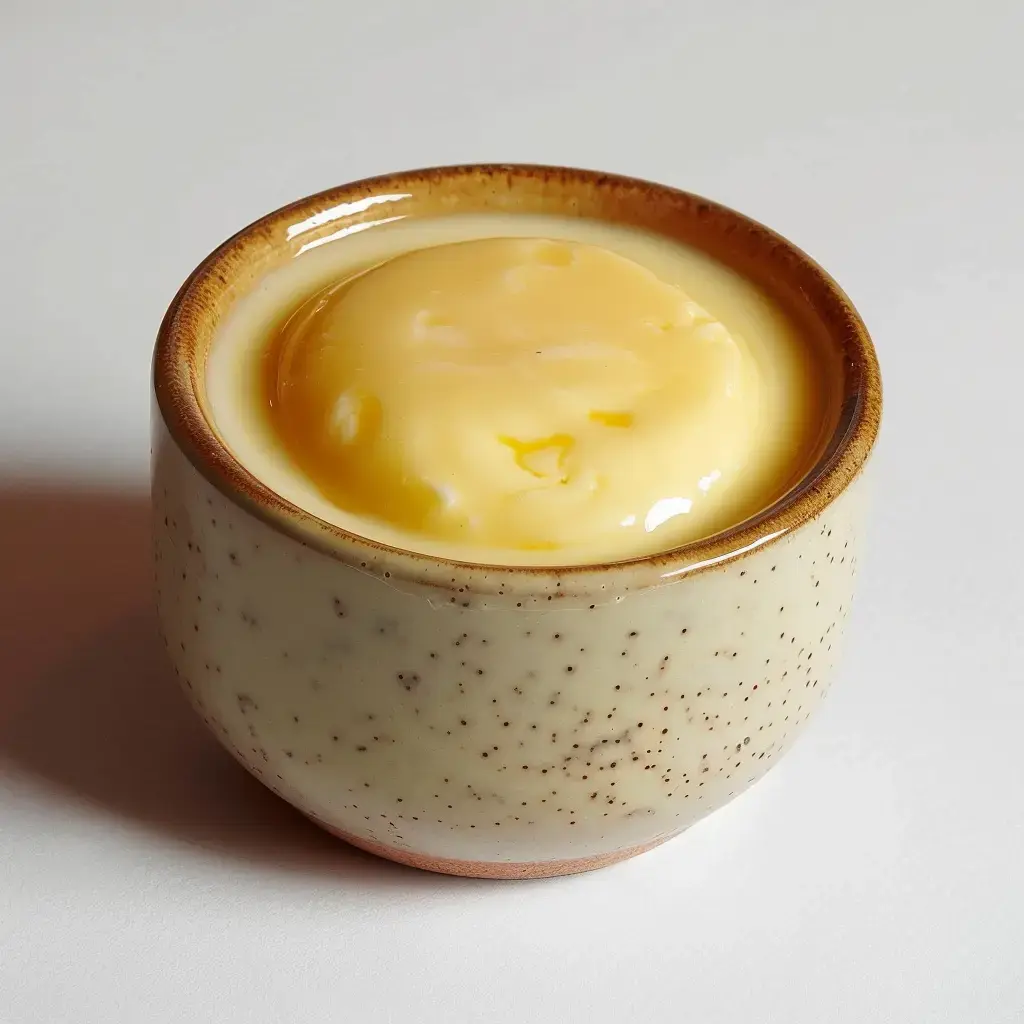 Un bol en céramique garni d'une crème onctueuse jaune, idéale pour les desserts.