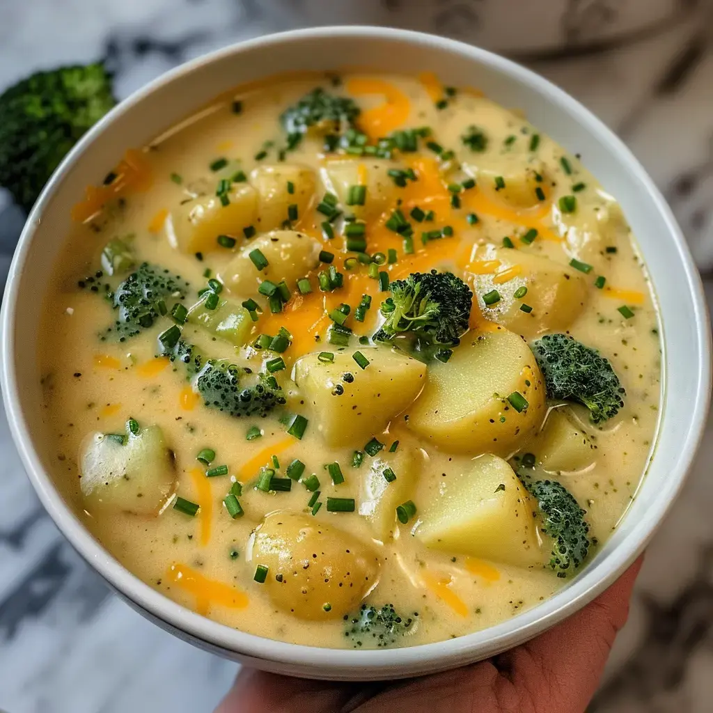 Bol de soupe crémeuse aux pommes de terre, brocoli et fromage râpé avec une touche de ciboulette.