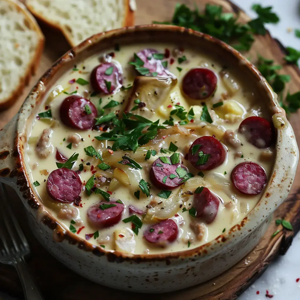 Un plat crémeux d'endives et saucisses fumées, garni de persil frais avec du pain à côté.