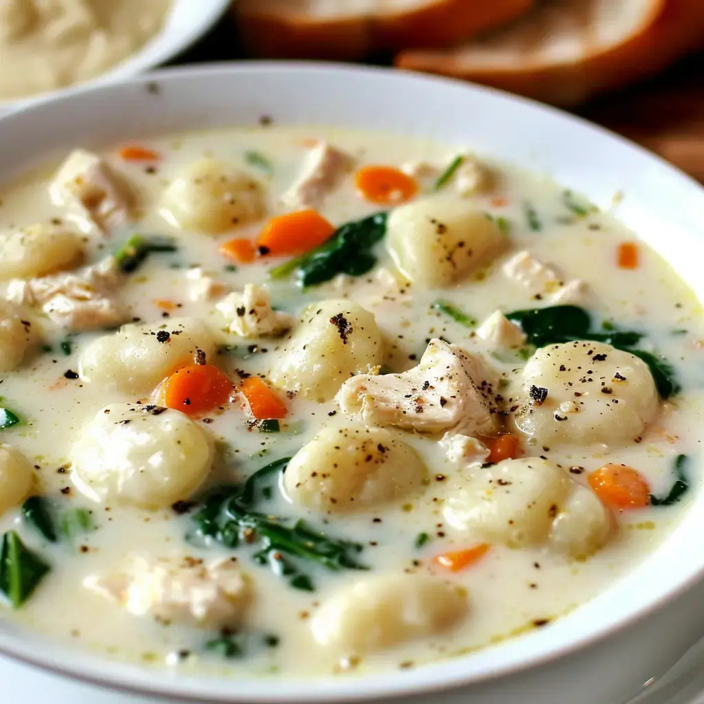 Un bol riche de soupe crémeuse aux gnocchis avec poulet, épinards et légumes.