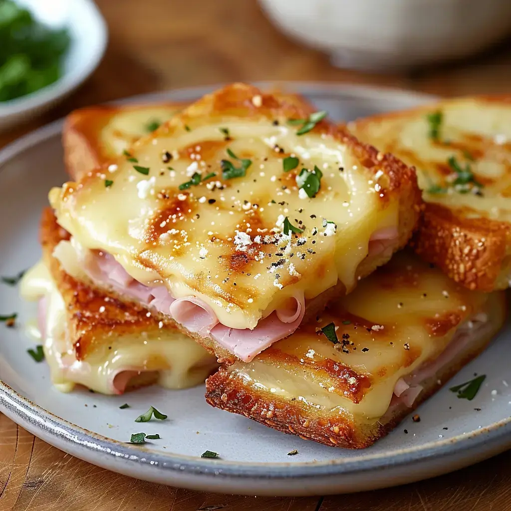 Des bouchées dorées au fromage et au jambon sur un plat, saupoudrées de persil.