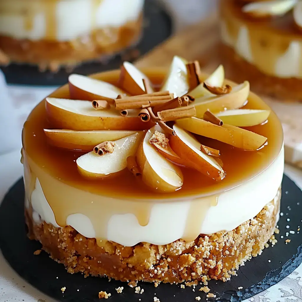 Dessert au caramel avec des quartiers de pommes et une touche de cannelle sur une base biscuitée.