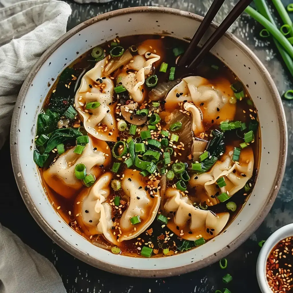 Bol rempli de soupe avec raviolis, légumes, graines de sésame et ciboule dans un bouillon.