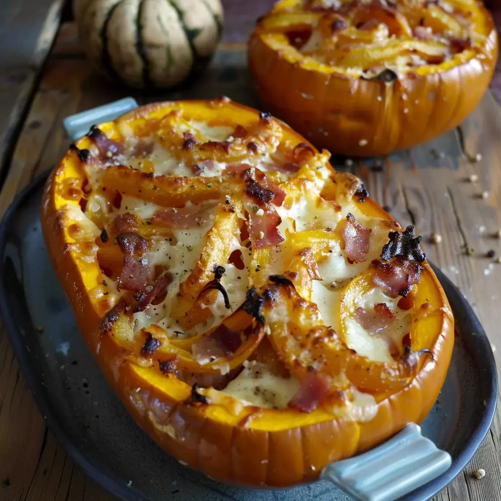 Deux moitiés de courge garnies de fromage fondu, lardons et légumes, servies sur une assiette.