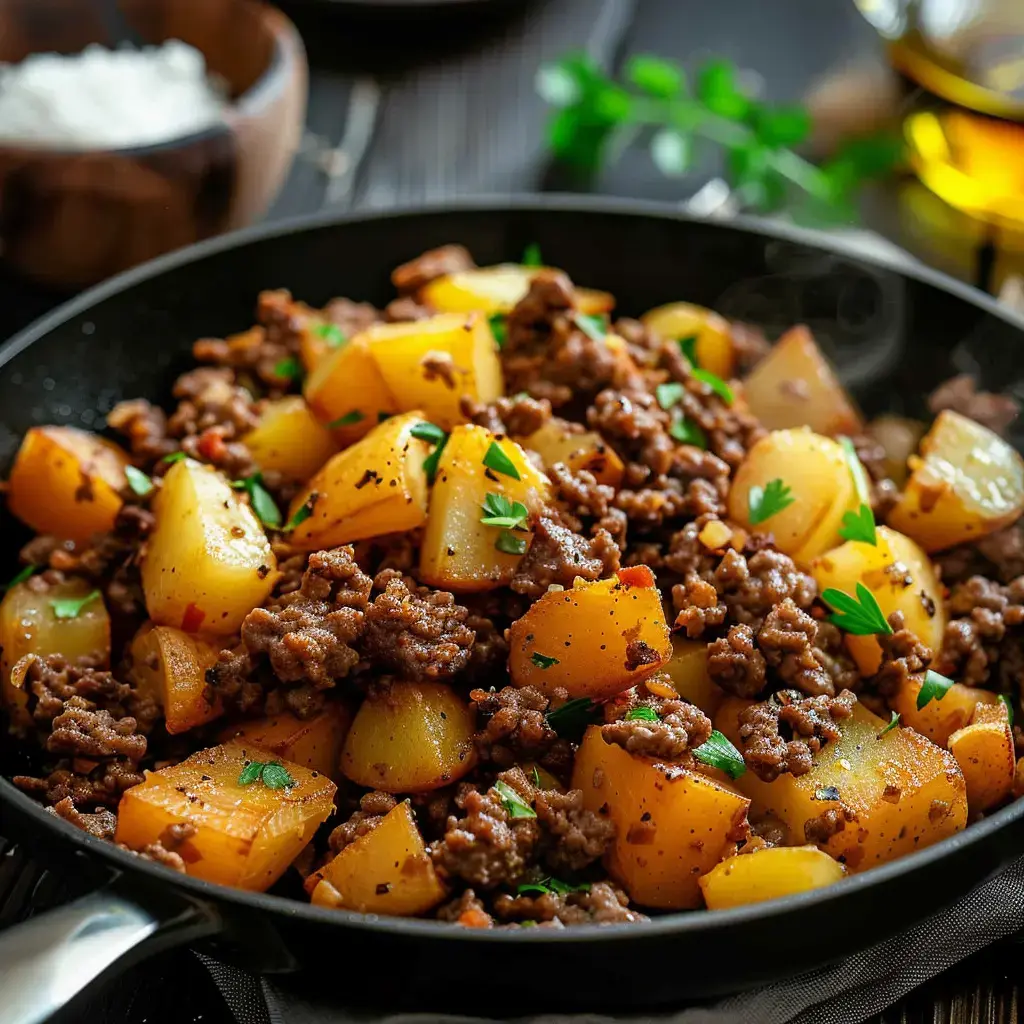 Bœuf haché juteux et pommes de terre dorées, garnies de persil. Plat réconfortant dans une poêle.