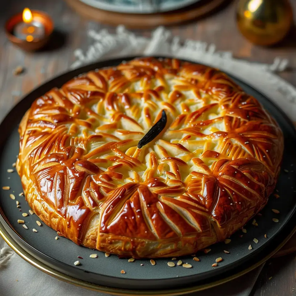 Une galette bien dorée avec un superbe décor en feuilles, placée sur une assiette noire.