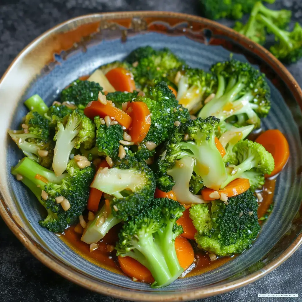 Un mélange coloré de brocolis et carottes dans une sauce à l'ail, avec des noix en garniture.
