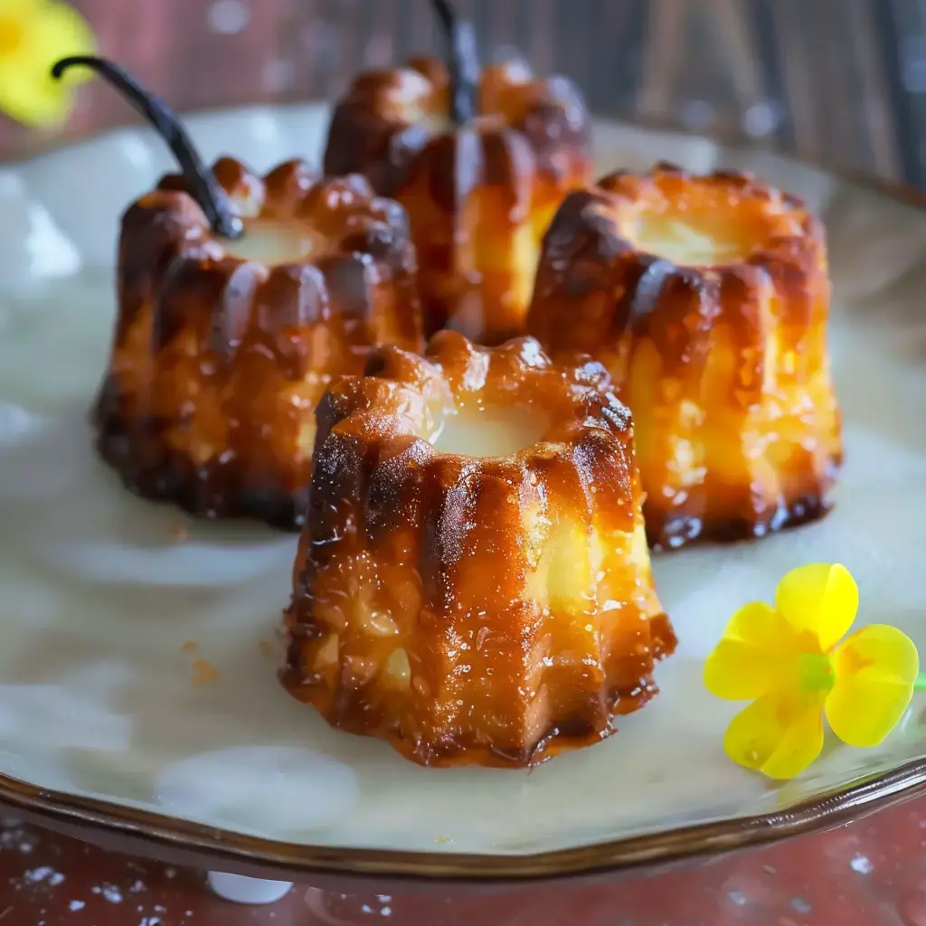 Sur une assiette, quatre cannelés caramélisés sont accompagnés d'une petite fleur jaune.