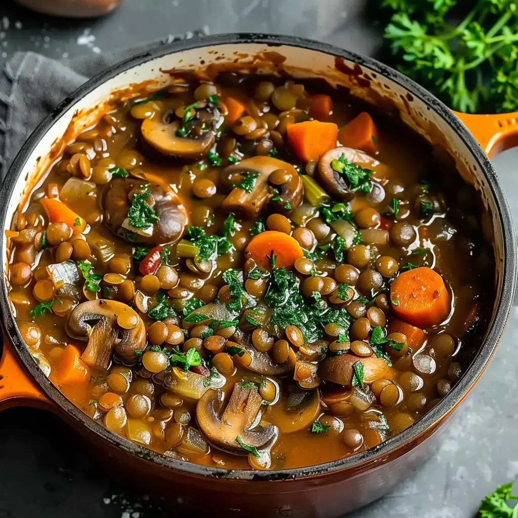Mélange de lentilles avec champignons et carottes, garni de persil frais, servi dans une cocotte.
