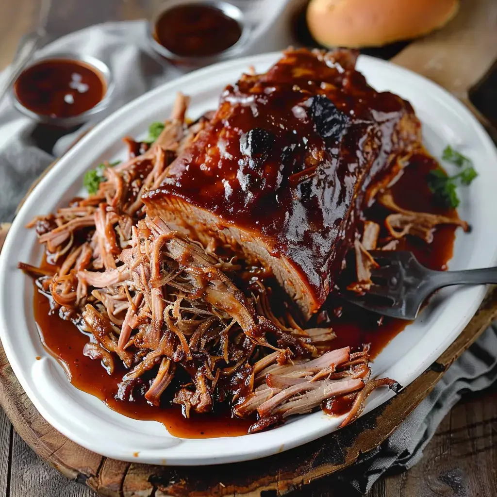Un assortiment de porc effiloché en sauce barbecue, servi avec du pain frais et des sauces.